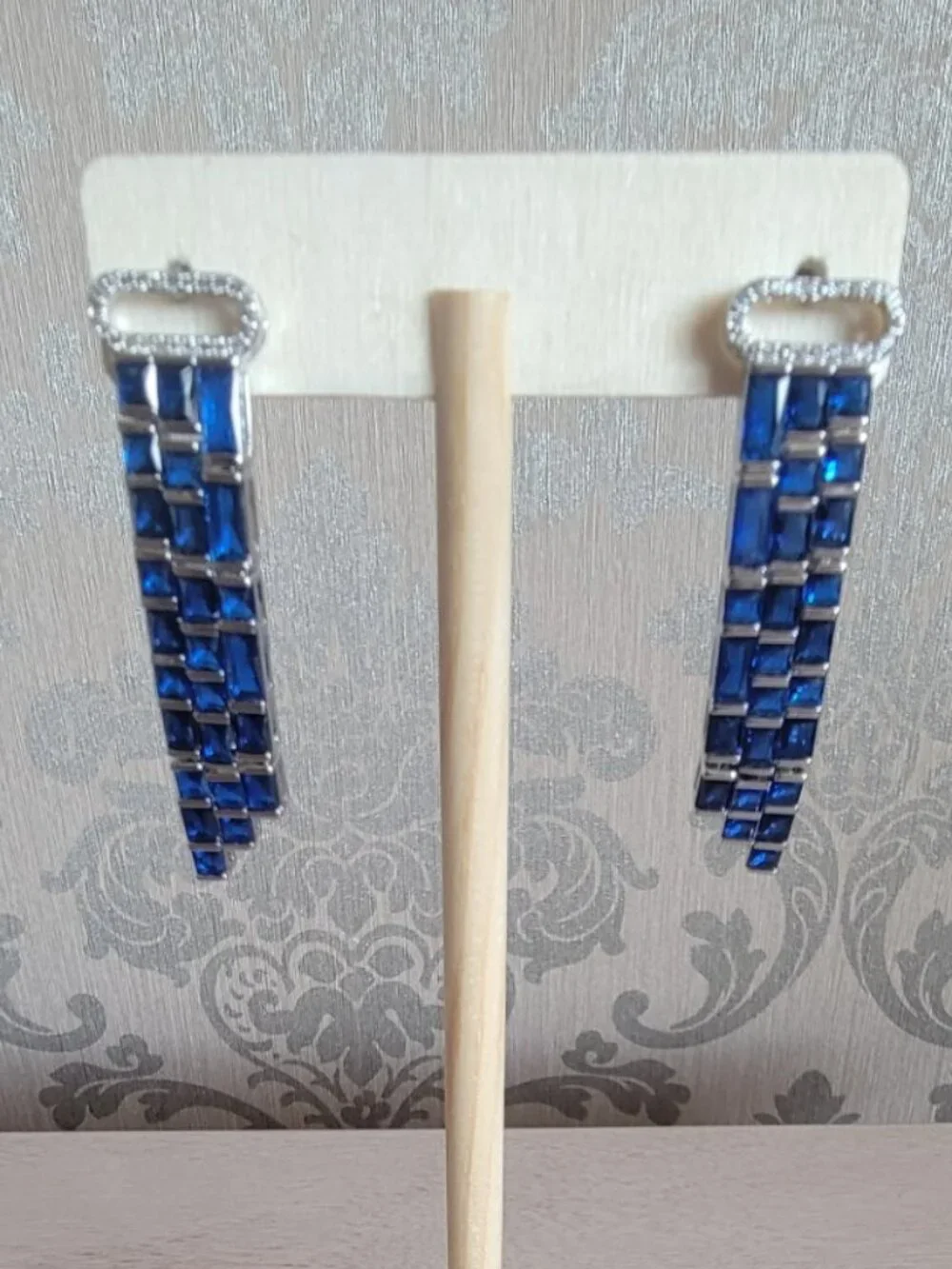 Blue Glass and Simulated Diamond Earrings in Silver Tone